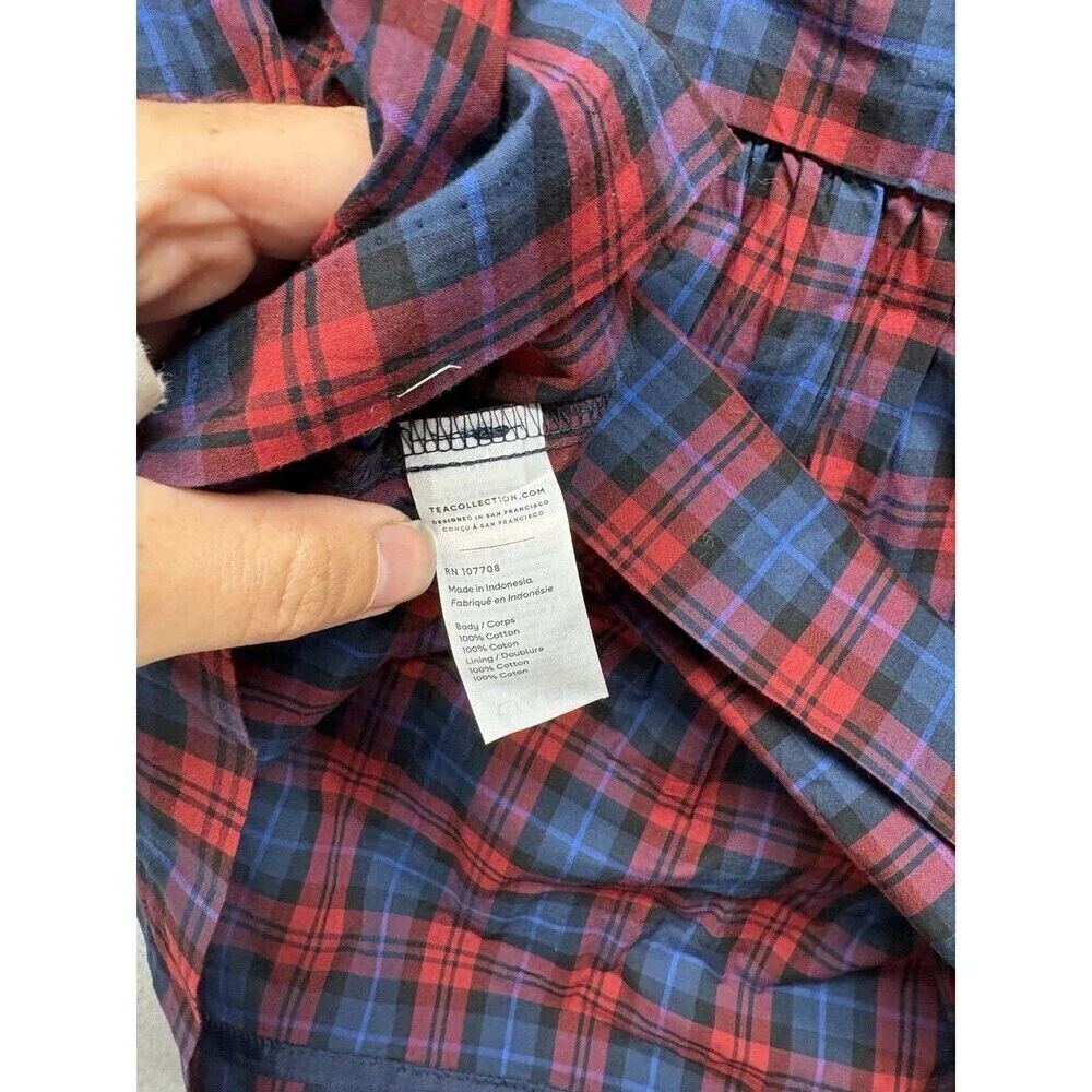 TEA COLLECTION Ruffled Shoulder Plaid Dress Blue Red NWT Girls Size 12 3/4 Sleev